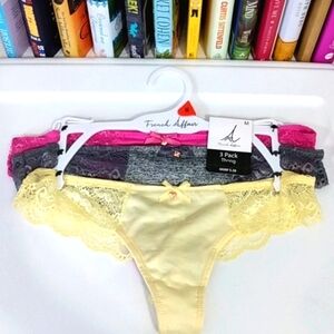 FRENCH AFFAIR 3 PACK LACE THONG PANTIES SIZE MEDIUM NWT